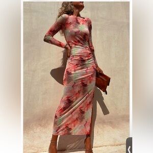 Ruched long sleeve dress - multi colored